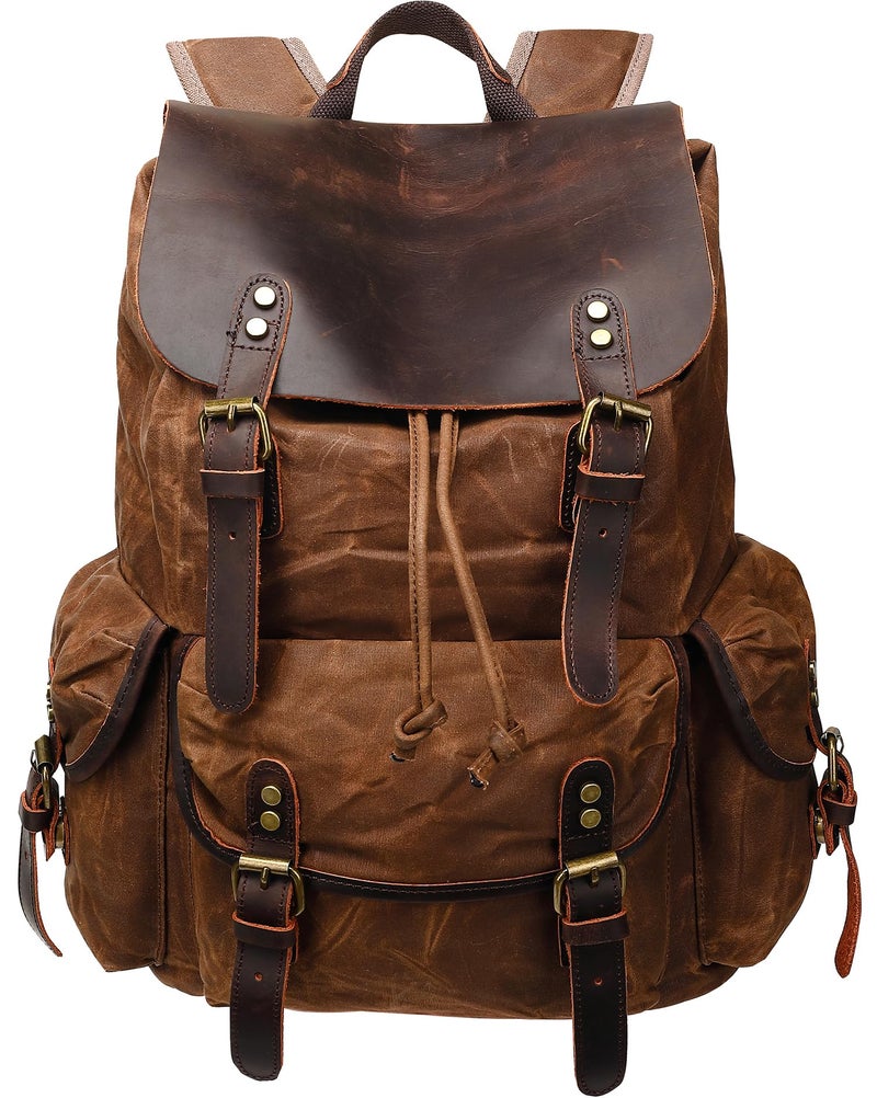 HuaChen Vintage Waxed Canvas Backpack with Genuine Leather Flap, Travel & Work Rucksack, Water-Resistant Daypack with Anti-Theft Pocket, Large (15.6"), M80 Brown - Image 1